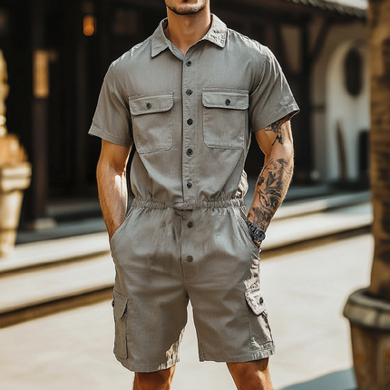 Men's Breathable Cotton Jumpsuit | Short Sleeve Lapel Collar | Multi-Pocket Cargo Shorts One-Piece | Summer Casual Fashion | Versatile Outdoor Wear | Cool Comfortable Design