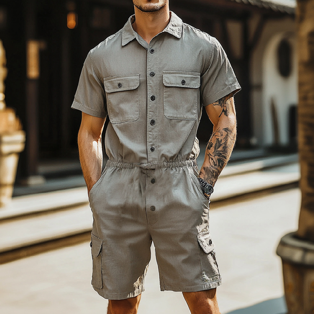 Men's Breathable Cotton Jumpsuit | Short Sleeve Lapel Collar | Multi-Pocket Cargo Shorts One-Piece | Summer Casual Fashion | Versatile Outdoor Wear | Cool Comfortable Design
