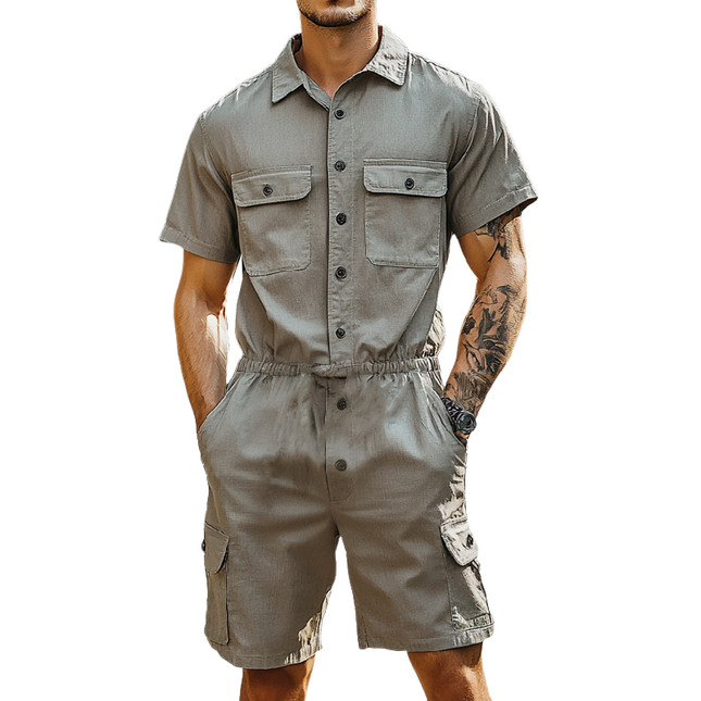 Men's Breathable Cotton Jumpsuit | Short Sleeve Lapel Collar | Multi-Pocket Cargo Shorts One-Piece | Summer Casual Fashion | Versatile Outdoor Wear | Cool Comfortable Design