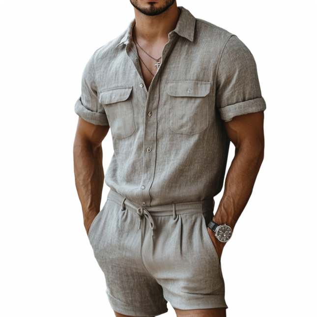 Men's Breathable Cotton Short Sleeve Jumpsuit | Slim Fit | Multi-Pocket | Lapel Collar | Casual Summer Wear