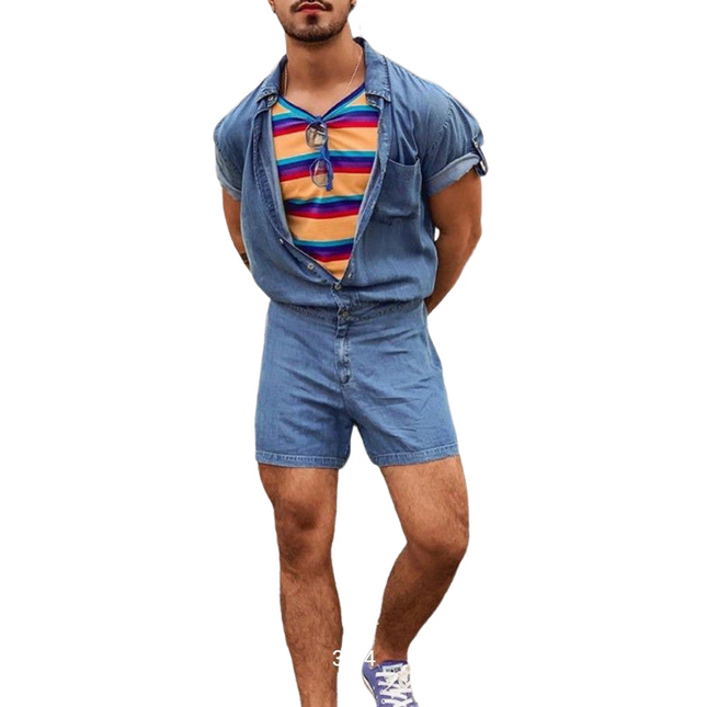 Men's Denim Jumpsuit | Casual Short Sleeve | Relaxed Fit Shorts | Durable High-Quality Material | Button-Up Front | Versatile for Beach or Urban Outings | Multiple Pockets | Modern Style | Breathable Comfort