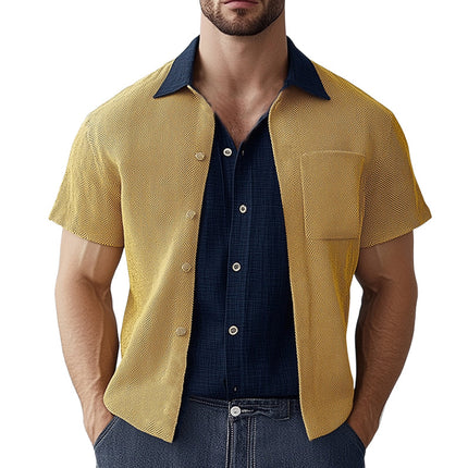 Men's Summer Shirt | Textured Colorblock Collar | Short Sleeve | Breathable Fabric | Casual Versatile Fit
