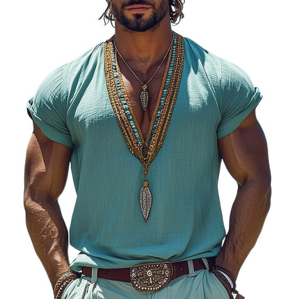 Men's Summer T-Shirt | Breathable Cotton Linen | V-Neck Embroidered | Casual Short Sleeve | Sizes S-3XL | Machine Washable