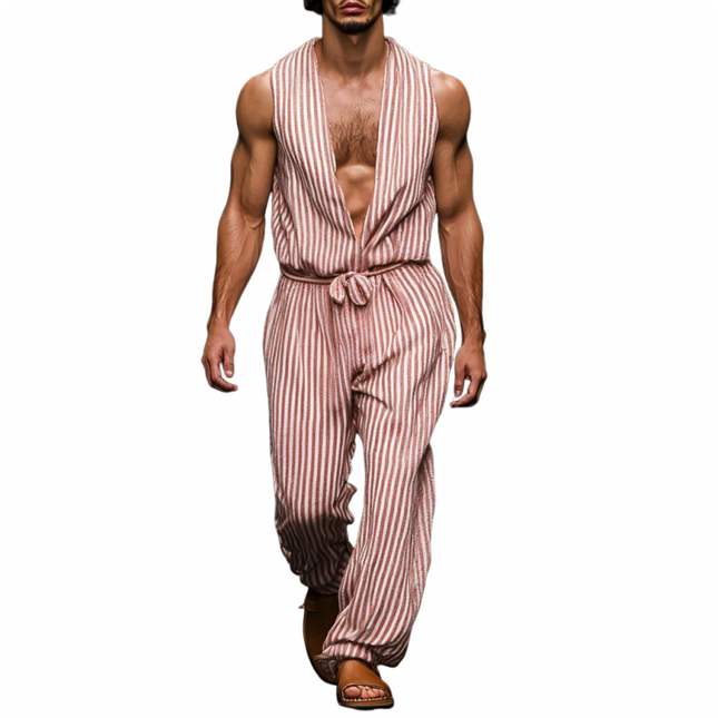 Men's Striped Jumpsuit | Breathable Cotton Linen | Deep V-Neck Sleeveless | Casual Loose Fit | Trendy Summer Outfit | Comfortable Relaxed Style with Pockets | Ideal for Outdoor and Leisure Activities