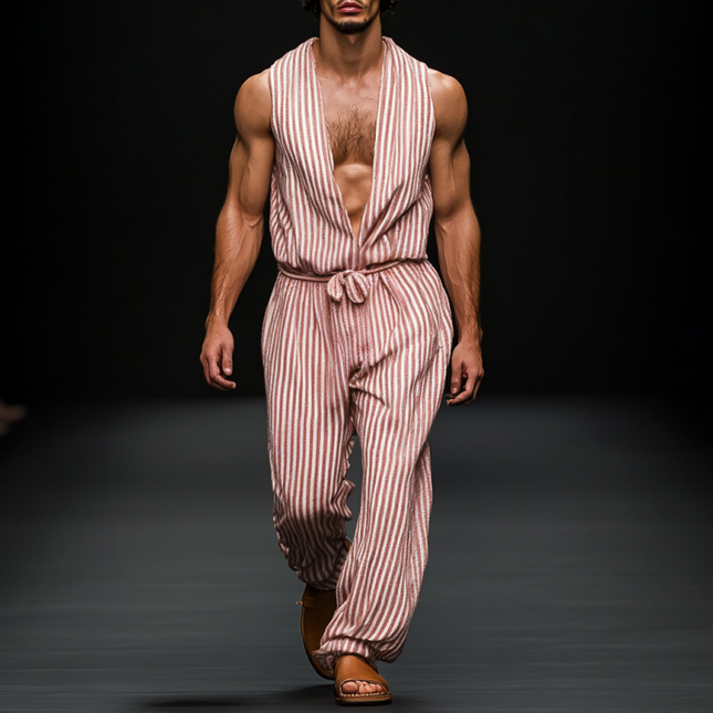 Men's Striped Jumpsuit | Breathable Cotton Linen | Deep V-Neck Sleeveless | Casual Loose Fit | Trendy Summer Outfit | Comfortable Relaxed Style with Pockets | Ideal for Outdoor and Leisure Activities