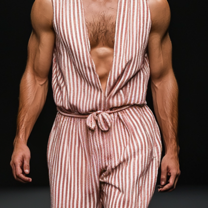 Men's Striped Jumpsuit | Breathable Cotton Linen | Deep V-Neck Sleeveless | Casual Loose Fit | Trendy Summer Outfit | Comfortable Relaxed Style with Pockets | Ideal for Outdoor and Leisure Activities