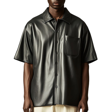 Men's Vintage Leather Shirt | Short Sleeve | Spring Fashion | Genuine Leather | Classic Retro Style | Comfortable Fit | Durable Material