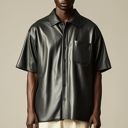 Men's Vintage Leather Shirt | Short Sleeve | Spring Fashion | Genuine Leather | Classic Retro Style | Comfortable Fit | Durable Material