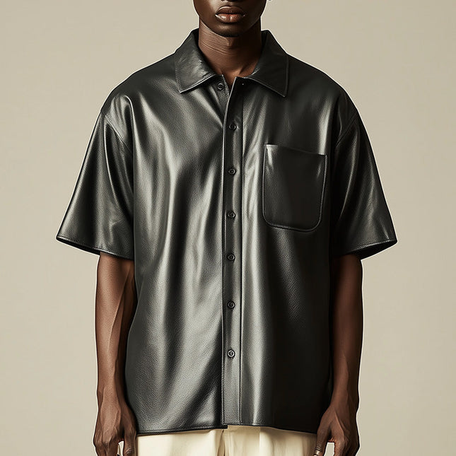 Men's Vintage Leather Shirt | Short Sleeve | Spring Fashion | Genuine Leather | Classic Retro Style | Comfortable Fit | Durable Material