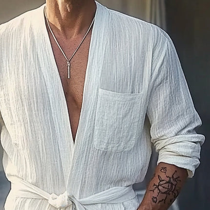 Men's Casual Shirt | Summer Pleated Textured Design | Includes Belt | Versatile Cotton | Long Sleeve | S-3XL | Machine Washable
