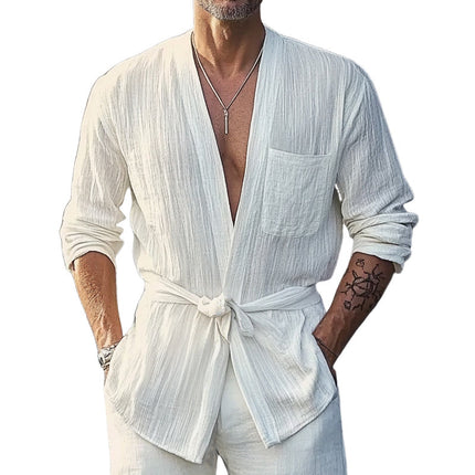 Men's Casual Shirt | Summer Pleated Textured Design | Includes Belt | Versatile Cotton | Long Sleeve | S-3XL | Machine Washable