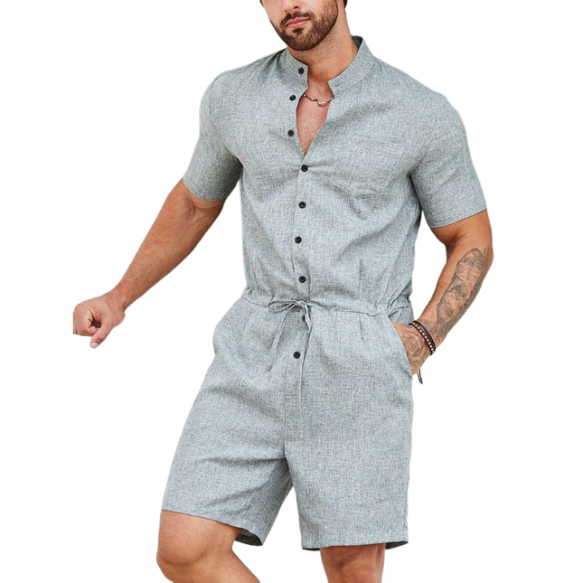 Men's Cotton Linen Jumpsuit | Casual Breathable One-Piece | Stand Collar | Patch Pockets | Short Sleeve | Relaxed Shorts | Summer Outfit