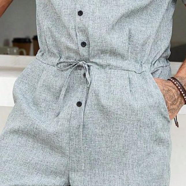 Men's Cotton Linen Jumpsuit | Casual Breathable One-Piece | Stand Collar | Patch Pockets | Short Sleeve | Relaxed Shorts | Summer Outfit