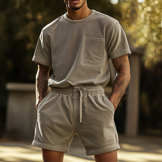 Men's Retro Corduroy T-shirt Shorts Set | Spring Lightweight Fashion | Soft Texture Casual Outfit | Vintage Style Comfort | MTA1165D4P