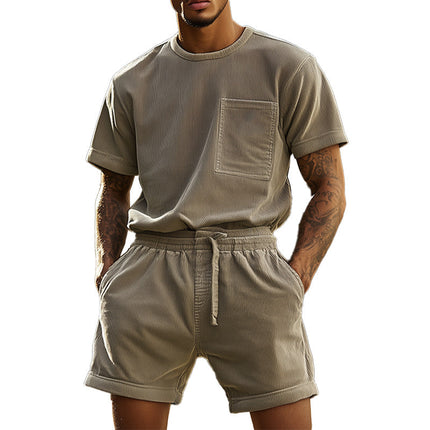 Men's Retro Corduroy T-shirt Shorts Set | Spring Lightweight Fashion | Soft Texture Casual Outfit | Vintage Style Comfort | MTA1165D4P