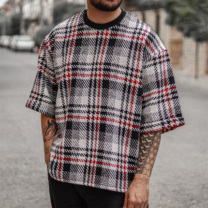 Men's Retro Plaid T-Shirt | Round Neck | Short Sleeve | Casual Style | Breathable Cotton Blend | Vintage Look | All Sizes Available | Comfortable Fit