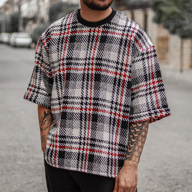 Men's Retro Plaid T-Shirt | Round Neck | Short Sleeve | Casual Style | Breathable Cotton Blend | Vintage Look | All Sizes Available | Comfortable Fit