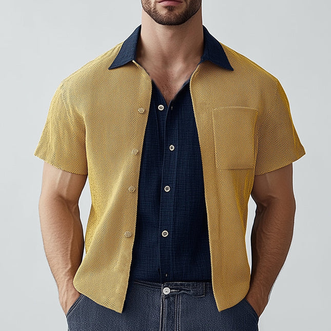 Men's Summer Shirt | Textured Colorblock Collar | Short Sleeve | Breathable Fabric | Casual Versatile Fit