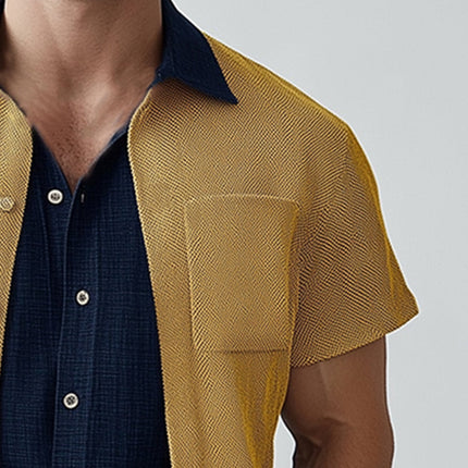 Men's Summer Shirt | Textured Colorblock Collar | Short Sleeve | Breathable Fabric | Casual Versatile Fit