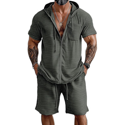 Men's Summer Casual Set | Hooded Short Sleeve Top & Shorts | Lightweight Breathable Fabric | Urban Sporty Style | Neutral Colors | Comfortable Relaxed Fit | Ideal for Casual Outings or Light Workouts