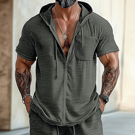 Men's Summer Casual Set | Hooded Short Sleeve Top & Shorts | Lightweight Breathable Fabric | Urban Sporty Style | Neutral Colors | Comfortable Relaxed Fit | Ideal for Casual Outings or Light Workouts