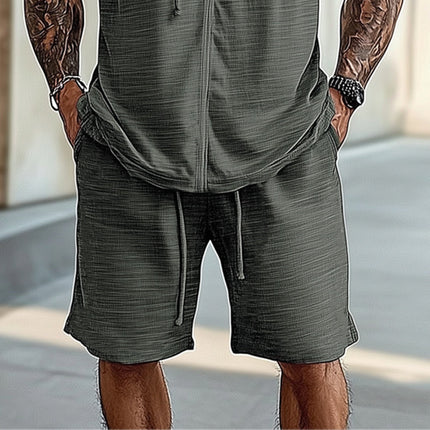 Men's Summer Casual Set | Hooded Short Sleeve Top & Shorts | Lightweight Breathable Fabric | Urban Sporty Style | Neutral Colors | Comfortable Relaxed Fit | Ideal for Casual Outings or Light Workouts