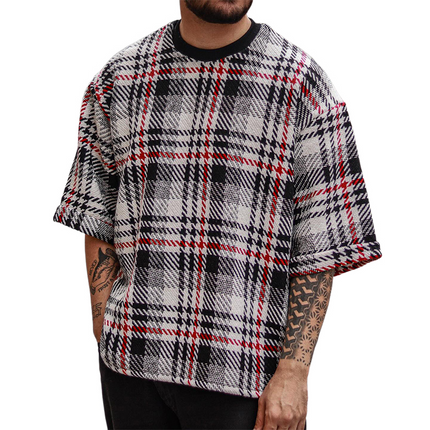 Men's Retro Plaid T-Shirt | Round Neck | Short Sleeve | Casual Style | Breathable Cotton Blend | Vintage Look | All Sizes Available | Comfortable Fit