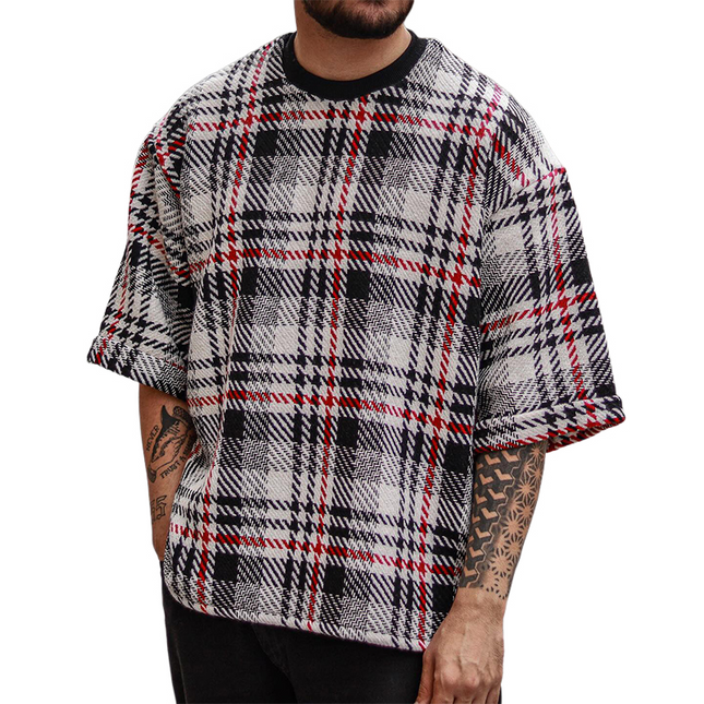 Men's Retro Plaid T-Shirt | Round Neck | Short Sleeve | Casual Style | Breathable Cotton Blend | Vintage Look | All Sizes Available | Comfortable Fit