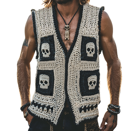 Men's Vintage Skull Knit Vest | Single Breasted Casual Sleeveless | V-Neck | Knitted Fabric | Unique Skull Design | Comfortable & Versatile | Fashion Forward Style | Sizes S-3XL | High Quality | Year-Round Wear