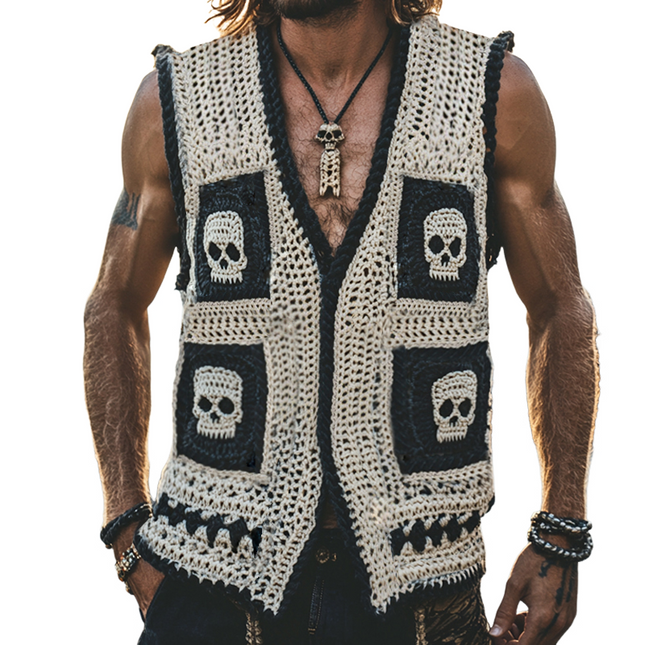Men's Vintage Skull Knit Vest | Single Breasted Casual Sleeveless | V-Neck | Knitted Fabric | Unique Skull Design | Comfortable & Versatile | Fashion Forward Style | Sizes S-3XL | High Quality | Year-Round Wear