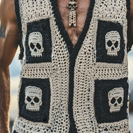 Men's Vintage Skull Knit Vest | Single Breasted Casual Sleeveless | V-Neck | Knitted Fabric | Unique Skull Design | Comfortable & Versatile | Fashion Forward Style | Sizes S-3XL | High Quality | Year-Round Wear