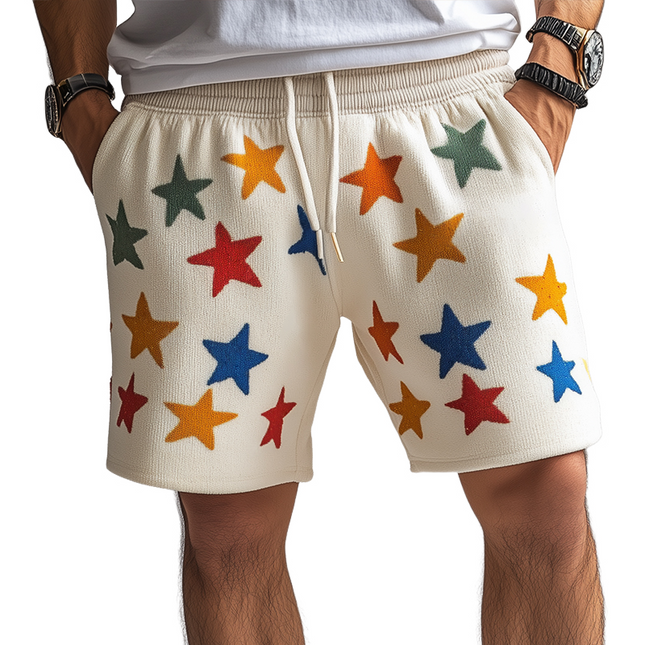Men's Retro Casual Knit Shorts | Colorful Star Pattern | Elastic Drawstring Waist | Relaxed Fit | Lightweight Breathable Fabric | Sizes S-3XL | Perfect for Summer | Stylish Comfort for Casual Wear