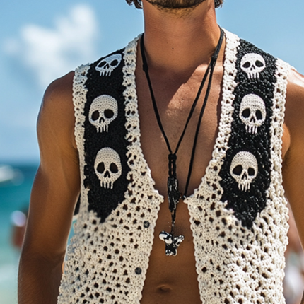 Men's Skull Knit Vest | Vintage Casual Style | Single Breasted | Sleeveless | V-Neck | Comfortable Knit Fabric | Unique Design | Versatile & Stylish Outerwear | Sizes S to 3XL