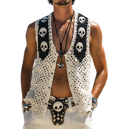 Men's Skull Knit Vest | Vintage Casual Style | Single Breasted | Sleeveless | V-Neck | Comfortable Knit Fabric | Unique Design | Versatile & Stylish Outerwear | Sizes S to 3XL