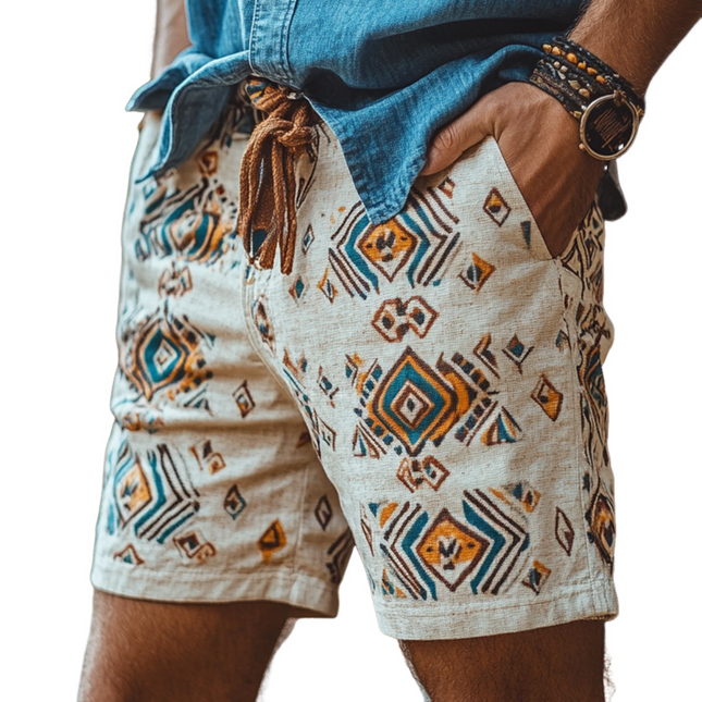 Men's Ethnic Print Linen Shorts | Retro Casual Style | Comfortable Elastic Waistband | Lightweight Breathable | Relaxed Fit | Summer Wardrobe Essential | Warm Weather Ready | Sizes S-3XL