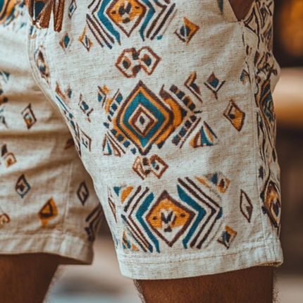 Men's Ethnic Print Linen Shorts | Retro Casual Style | Comfortable Elastic Waistband | Lightweight Breathable | Relaxed Fit | Summer Wardrobe Essential | Warm Weather Ready | Sizes S-3XL