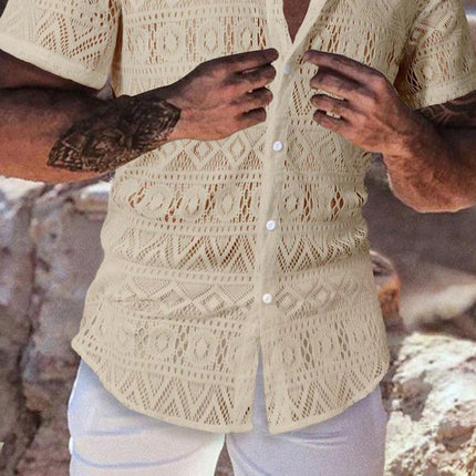 Men's Vintage Lace Shirt | Short Sleeve | Classic Lapel | Retro Fashion | Elegant Design | Relaxed Fit | Versatile Colors | Sophisticated Style | Casual to Semi-Formal | High-Quality Material