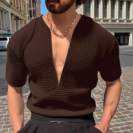 Men's Short-Sleeve V-Neck Waffle T-Shirt | Solid Color | Breathable Soft Fabric | Relaxed Fit | Versatile Casual Tee