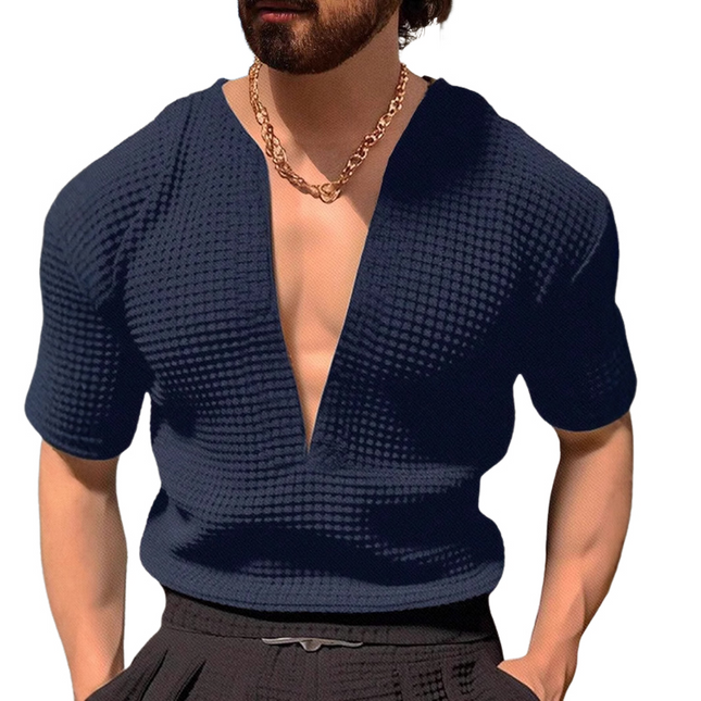Men's Short-Sleeve V-Neck Waffle T-Shirt | Solid Color | Breathable Soft Fabric | Relaxed Fit | Versatile Casual Tee