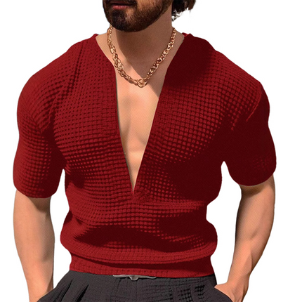 Men's Short-Sleeve V-Neck Waffle T-Shirt | Solid Color | Breathable Soft Fabric | Relaxed Fit | Versatile Casual Tee