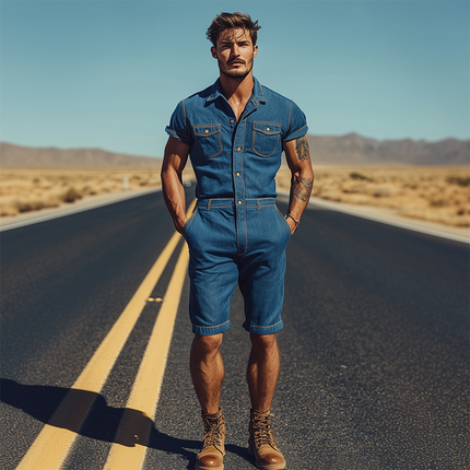 Men's Tencel Denim Jumpsuit | Casual Classic Western Style | Multi-Pocket Design | Relaxed Fit | Summer Apparel | Versatile Fashion One-Piece