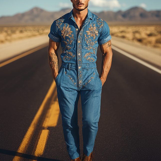 Men's Tencel Denim Jumpsuit | Summer Western Style | Casual Comfort | Embroidered Details | Breathable & Soft | Versatile Fashion | Functional with Pockets | Classic Design | Perfect for Any Occasion