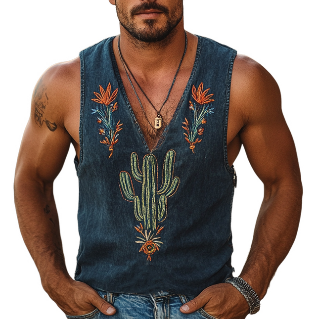 Men's V-Neck Sleeveless Top | Vintage Washed Cactus Embroidery | Comfortable Casual Fashion | Breathable Soft Fabric | Stylish Rugged Look | Versatile Pairing | Unique Design