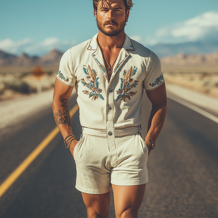 Men's Embroidered Jumpsuit | Cotton Linen Blend | Summer Casual Western Style | Breathable Fabric | Functional Pockets | Versatile One-Piece | Fashionable Design for Men