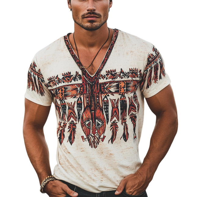 Men's V-Neck T-Shirt | Vintage Feather Print | Short Sleeve | Breathable Fabric | Casual & Stylish
