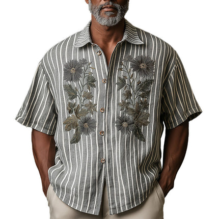 Men's Spring Retro Shirt | Embroidered Striped Design | Casual Short Sleeve | Breathable Cotton Fabric | Button-Down | Comfortable Fit | Vintage Style for Men | Ideal for Casual Outfits