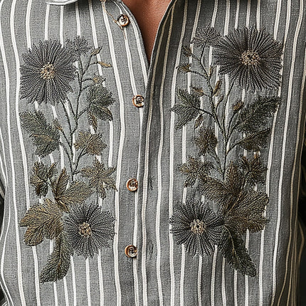 Men's Spring Retro Shirt | Embroidered Striped Design | Casual Short Sleeve | Breathable Cotton Fabric | Button-Down | Comfortable Fit | Vintage Style for Men | Ideal for Casual Outfits