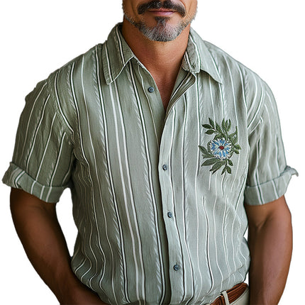 Men's Retro Style Short Sleeve Shirt | Embroidered Stripes | Casual Spring Fashion | Comfortable Premium Fabric | Versatile Design for Casual and Semi-Formal Looks | Ideal for Warm Weather
