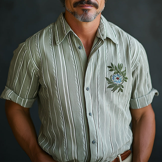 Men's Retro Style Short Sleeve Shirt | Embroidered Stripes | Casual Spring Fashion | Comfortable Premium Fabric | Versatile Design for Casual and Semi-Formal Looks | Ideal for Warm Weather
