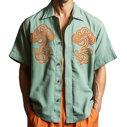 Men's Casual Shirt | Spring Fashion | Contrast Embroidery Design | Short Sleeve | Stylish & Comfortable | Breathable Quality Fabric | Available in Variety of Sizes | Perfect for Casual Spring Outings